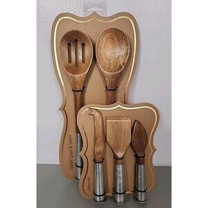 Slotted Spoon SET Cheese Knife Set LOT Wood Galvanized Metal Handle Farmhouse